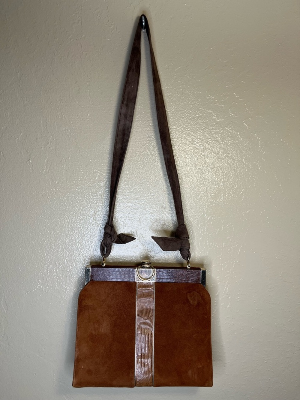 Art Deco Ladies Purse Suede And Leather Brown 1930s Clasp Closure Handbag Rare